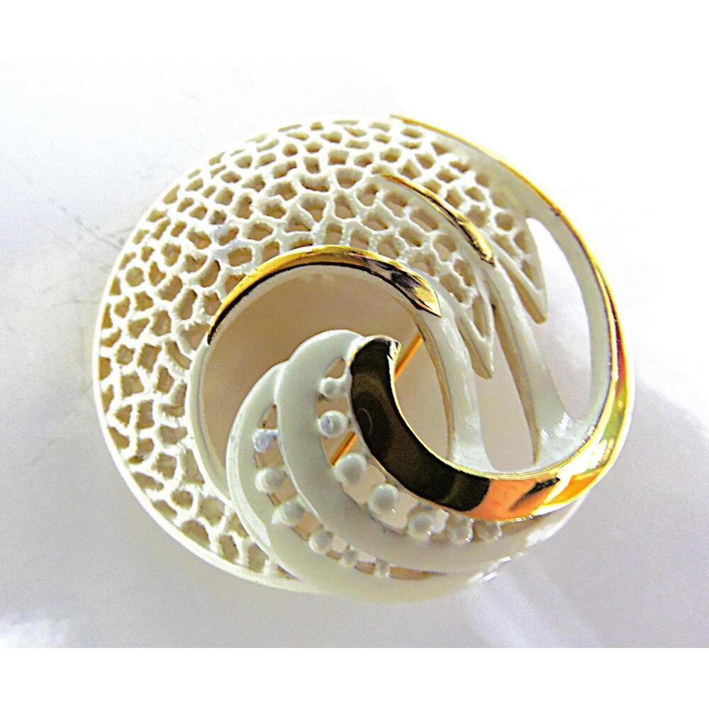 CVB (2015) Vintage MONET Gold Tone White Enamel Swirl Design Abstract Brooch